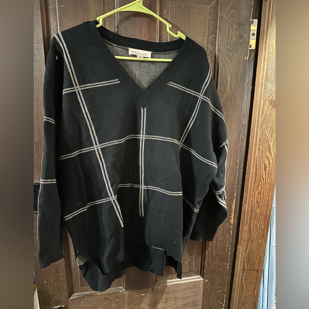 Black V-Neck Sweater with Gray Stripes
